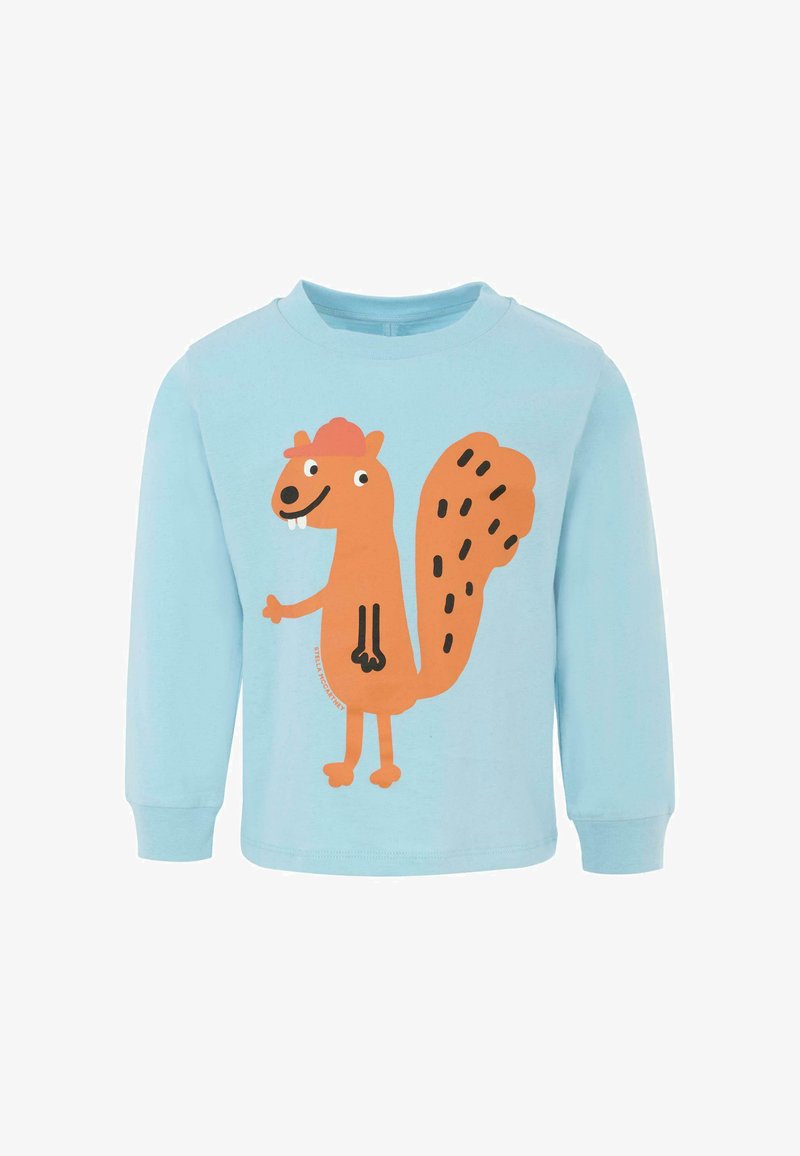 T-shirt a maniche lunghe blu chiaro con un cartone animato di uno scoiattolo arancione con un cappello rosa, sorridente e in posa eretta con una coda folta.