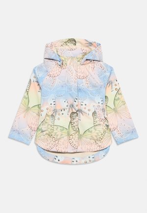 Jachetă cu glugă pentru copii, cu fermoar frontal, imprimeu cu fluturi în culori pastel și manșete elastice pe fundal alb.