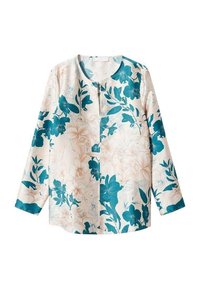 Blusa floreale con maniche lunghe, caratterizzata da uno sfondo crema chiaro adornato con motivi floreali in teal e pesca. Collo rotondo, vestibilità comoda.