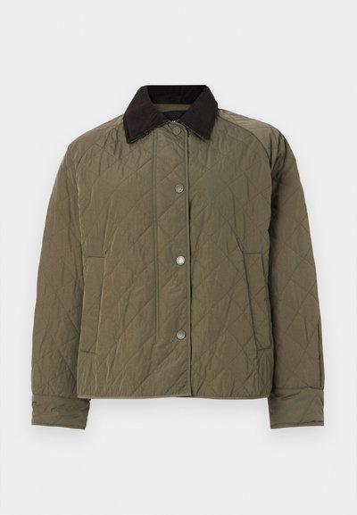 Gepolsterte Jacke in Olivgrün mit einem Cordkragen. Sie verfügt über Druckknöpfe und Seitentaschen und hat eine leicht übergroße Passform.