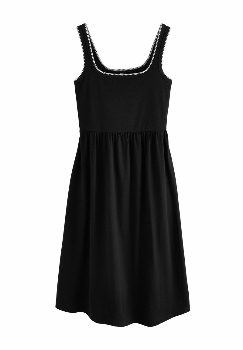 Abito nero senza maniche con scollo a quadrato, vita arricciata e cuciture testurizzate lungo i bordi. Tessuto morbido con una silhouette fluida.