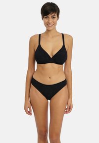 Svart bikini-set som har en strukturerad trekantstopp med justerbara remmar och en matchande höga midjan underdel.