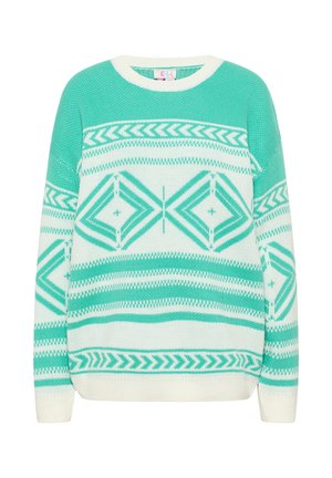 Maglione lavorato a maglia turchese e bianco con motivi geometrici, colletto tondo e maniche lunghe con polsini a coste.