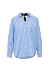 Blauw-wit gestreepte blouse met knoopsluiting en een zwarte stropdas, met lange mouwen en een licht gebogen zoom. Lichtgewicht stof.