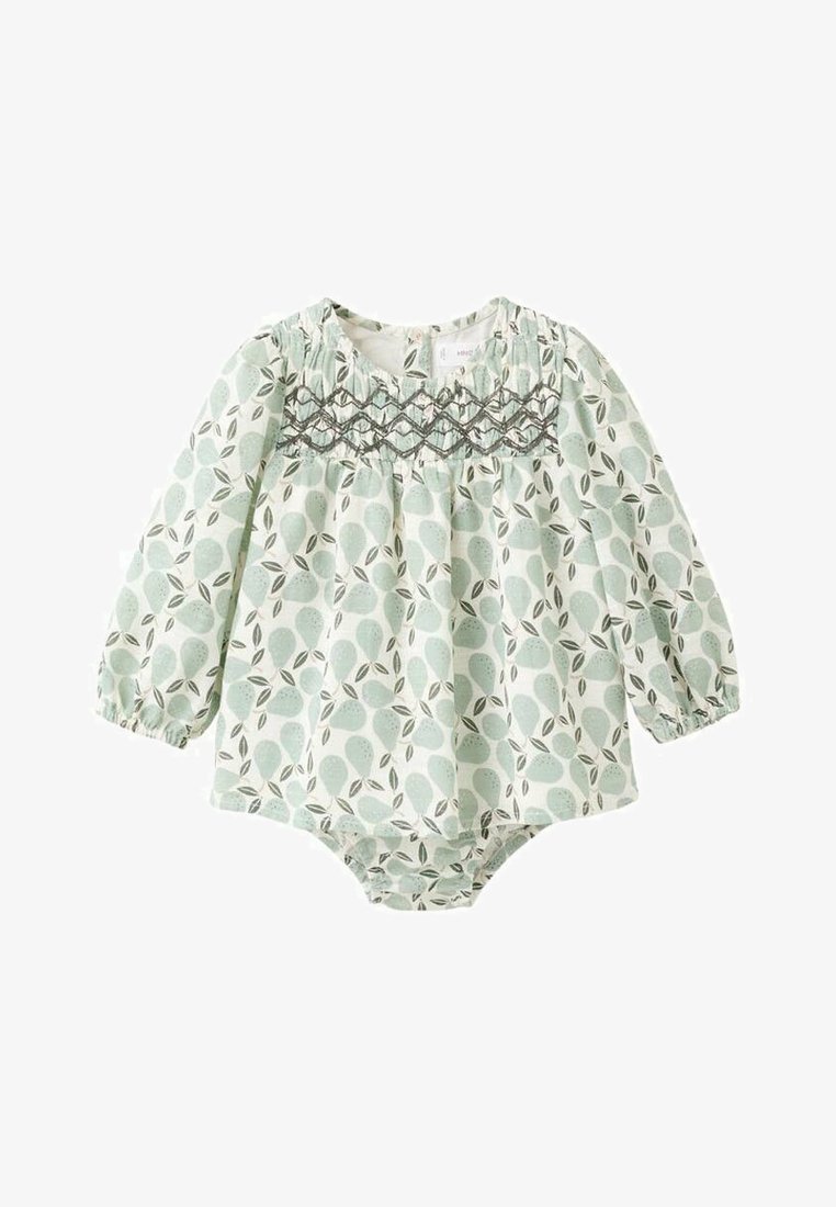 Body cu mâneci lungi, verde deschis, cu imprimeu cu frunze, decolteu adunat și cusături decorative gri de-a lungul pieptului. Textură moale a materialului.