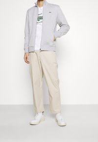 Grå zip-up sweatshirt med hög krage, med en liten grön logotyp. Matchad med beige byxor och vita sneakers. Enkel, avslappnad design.