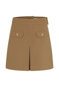 Falda mini ajustada marrón con una silueta recta, dos bolsillos frontales, detalles de botones dorados y una abertura delantera. Tejido suave y texturizado.