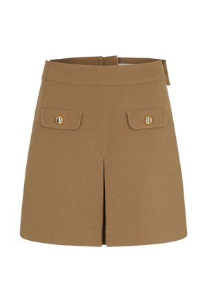 Falda mini ajustada marrón con una silueta recta, dos bolsillos frontales, detalles de botones dorados y una abertura delantera. Tejido suave y texturizado.