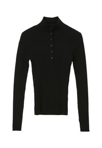 Schwarzer gerippter langärmeliger Pullover mit hohem Kragen und einer Reihe von sechs vorderen Knöpfen, schmal geschnitten.