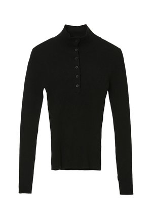 Pull noir à côtes, à manches longues, avec un col haut et une rangée de six boutons sur le devant, coupe ajustée.