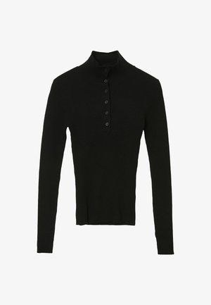 Maglione lungo a maniche ribatte di colore nero con colletto alto e fila di sei bottoni frontali, vestibilità slim.