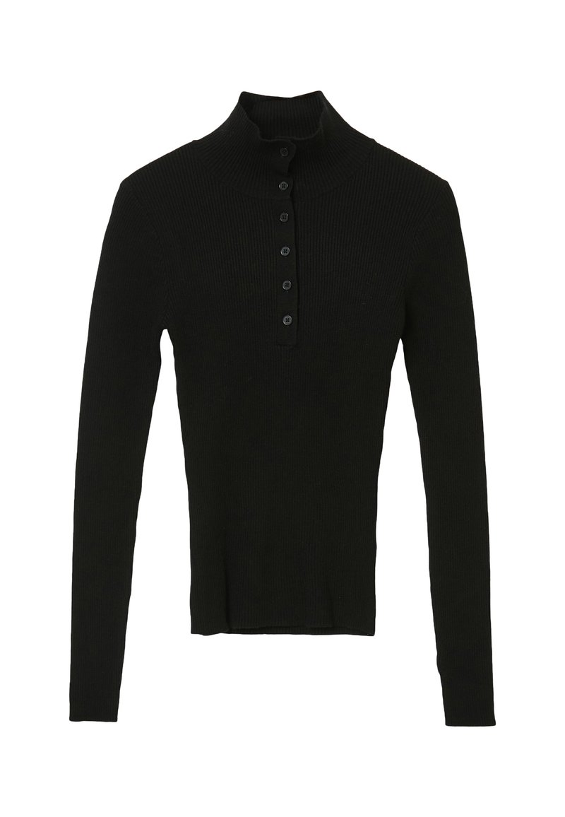Schwarzer gerippter langärmeliger Pullover mit hohem Kragen und einer Reihe von sechs vorderen Knöpfen, schmal geschnitten.