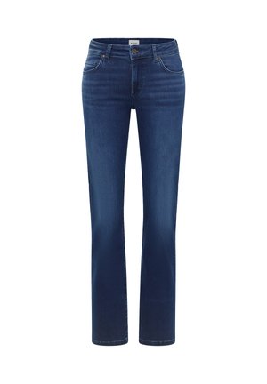 Dunkelblaue Denim-Jeans mit geradem Bein, fünf Taschen und einem Frontknopfverschluss. Glatte Textur mit dezentem Verblassen.