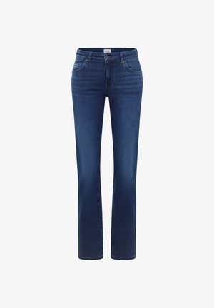 Jeans din denim albastru închis, cu un design drept al picioarelor, cinci buzunare și închidere cu buton în față. Textură netedă cu o ușoară decolorare.