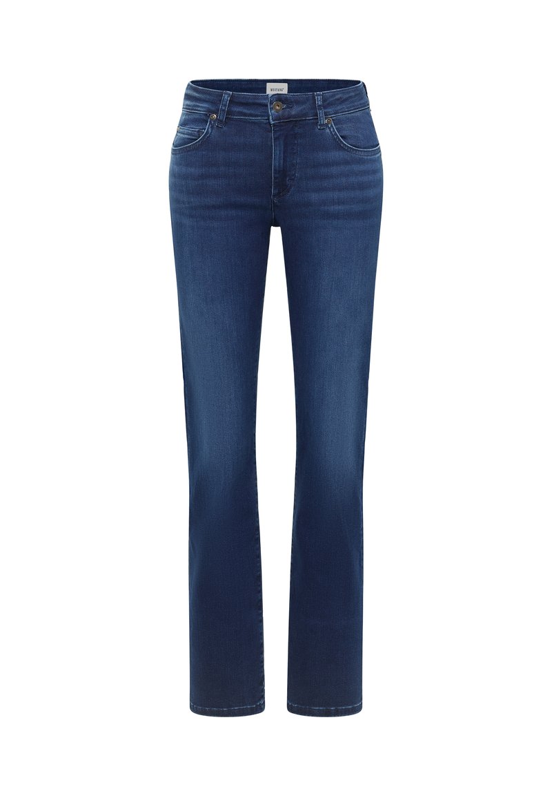 Sötétkék farmernadrág, egyenes szárú dizájnnal, öt zsebbel és elülső gombos zárással. Simaszerű textúrájával és finom fakultatásával.