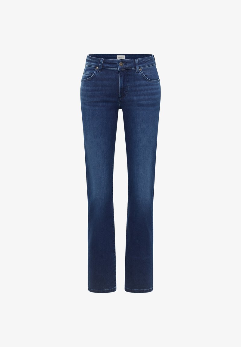 Sötétkék farmernadrág, egyenes szárú dizájnnal, öt zsebbel és elülső gombos zárással. Simaszerű textúrájával és finom fakultatásával.