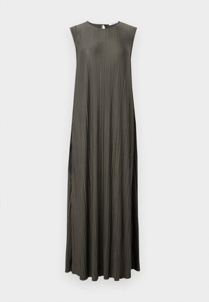 Dolga, brezrokavna obleka v temno olivno zeleni barvi s pregibno zasnovo, okroglim izrezom in ključavnico na hrbtni strani. Gladka tekstura.