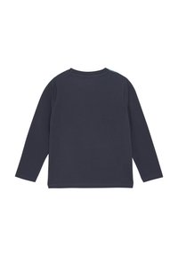 Marineblaues Langarm-T-Shirt aus Baumwolle, mit einem schlichten Rundhalsausschnitt, glatter Textur und ohne sichtbare Muster oder Akzente.