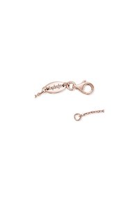 Chiusura in metallo rosa con un'etichetta ovale incisa. Dotata di un tipico moschettone e di una catena corta con un anello circolare.