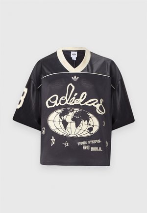 Musta verkkomainen urheilupaita väljässä istuvuudessa, jossa on kermaisia yksityiskohtia, V-kaula-aukko ja kuvituksena maapallo sekä tähtiä.