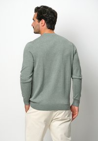 Maglione verde chiaro a maniche lunghe realizzato in un tessuto morbido. Presenta un collo a giro e polsini e orlo a costine. Indossato con pantaloni di colore chiaro.