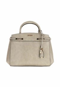 Sac à main structuré beige avec une finition texturée, deux poignées supérieures, des accessoires en métal doré et une étiquette amovible. Forme carrée, fermeture éclair.