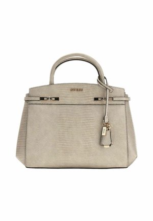 Sac à main structuré beige avec une finition texturée, deux poignées supérieures, des accessoires en métal doré et une étiquette amovible. Forme carrée, fermeture éclair.