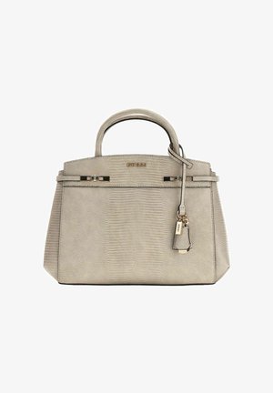 Sac à main structuré beige avec une finition texturée, deux poignées supérieures, des accessoires en métal doré et une étiquette amovible. Forme carrée, fermeture éclair.