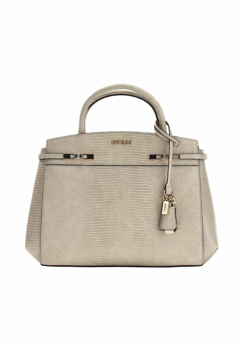 Sac à main structuré beige avec une finition texturée, deux poignées supérieures, des accessoires en métal doré et une étiquette amovible. Forme carrée, fermeture éclair.