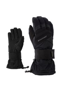 Guantes impermeables negros con dedos acolchados, correas ajustables en la muñeca y agarres texturizados. Costuras reforzadas y un diseño elegante y ergonómico.