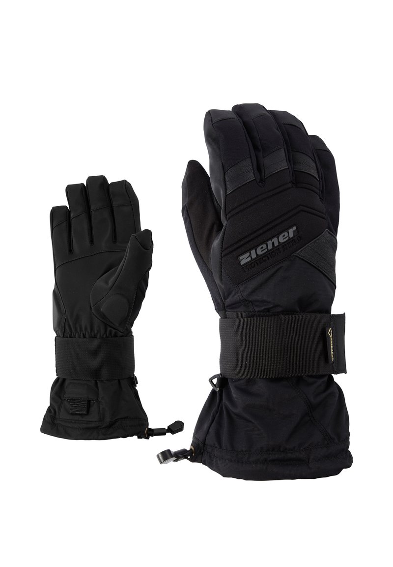 Guantes impermeables negros con dedos acolchados, correas ajustables en la muñeca y agarres texturizados. Costuras reforzadas y un diseño elegante y ergonómico.