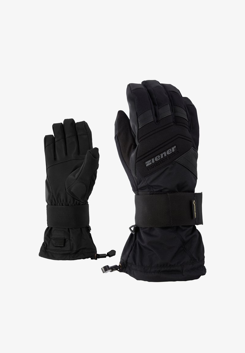 Guantes impermeables negros con dedos acolchados, correas ajustables en la muñeca y agarres texturizados. Costuras reforzadas y un diseño elegante y ergonómico.