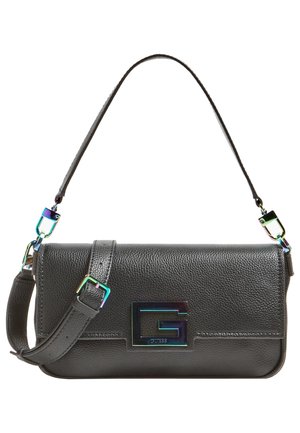 Zwarte gestructureerde leren schoudertas met afneembare band en iriserende metalen G-vormige sluiting aan de voorkant.