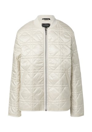 Quilted white bomber jacket with a smooth finish, featuring a front zipper, side pockets, and ribbed collar and cuffs.