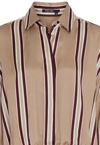 Beige blouse with vertical stripes in burgundy, cream, and pink. Features a collar, button placket, and elastic at the hem. Smooth texture.