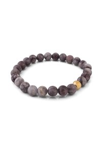 Purple stone bead bracelet featuring a smooth finish, round beads, and a single gold bead accent for contrast.