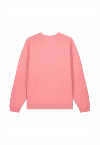 Felpa rosa a maniche lunghe con scollo tondo, polsini e orlo a costine, vista da dietro su sfondo bianco.