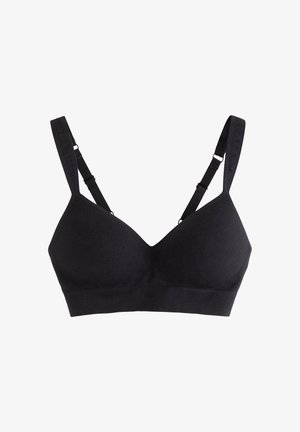 Sort trådløs bh lavet af blødt materiale med v-formet udskæring, justerbare stropper og en sømløs design for en behagelig pasform.
