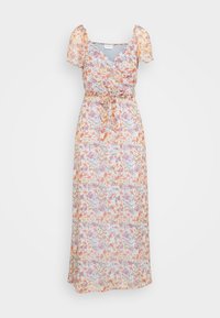 Abito maxi con stampa floreale in colori pastello, caratterizzato da maniche a sbuffo, scollatura a V e vita legata, realizzato in tessuto leggero e fluido.