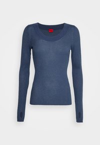 Pull femme en maille côtelée bleu marine avec col rond, manches longues et petits renforts aux coudes.