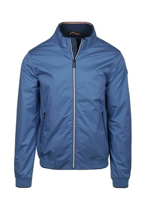 Blauwe, lichtgewicht herenjas met ritssluiting, opstaande kraag, twee met rits afsluitbare zakken aan de zijkant, elastische manchetten en zoom.