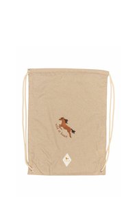 Borsa con cordoncino in tessuto beige, caratterizzata da un design di un cavallo marrone ricamato con il testo "wild at heart" e un dettaglio del logo triangolare.