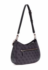 Borsa nera realizzata in tessuto testurizzato con una tasca con zip sul davanti e una tracolla removibile. Presenta un motivo con logo su tutta la superficie.