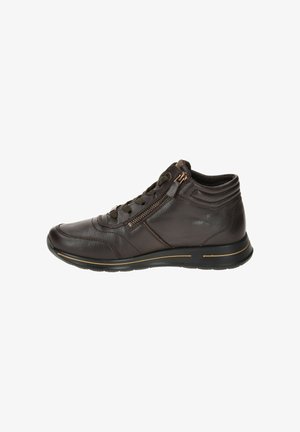 Brown leather high-top sneakers with textured detailing, zip closure, and contrasting gold accents on sole and stitching. Flexible rubber outsole.