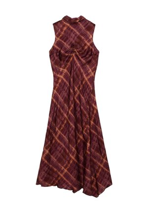 Vestido sin mangas con cuello alto, con cuadros diagonales en burdeos, naranja y púrpura y detalle fruncido en la espalda.