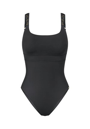 Maillot de bain une pièce noir avec larges bretelles ornées de boutons dorés et décolleté carré.