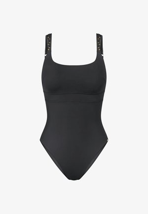 Maillot de bain une pièce noir avec larges bretelles ornées de boutons dorés et décolleté carré.