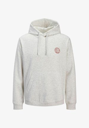 Light gray hoodie made of soft fabric, featuring a front kangaroo pocket and drawstring hood. Small circular logo on the chest.