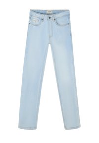 Jeans de mezclilla azul claro con corte recto, cinco bolsillos, costuras en contraste y cierre de botón. Textura suave con un diseño clásico.