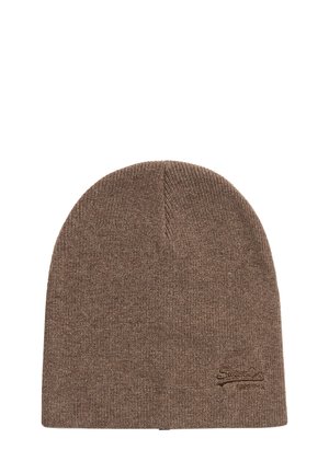Brown knitted beanie hat with a soft texture, fitted design, and a visible embroidered logo on the side.
